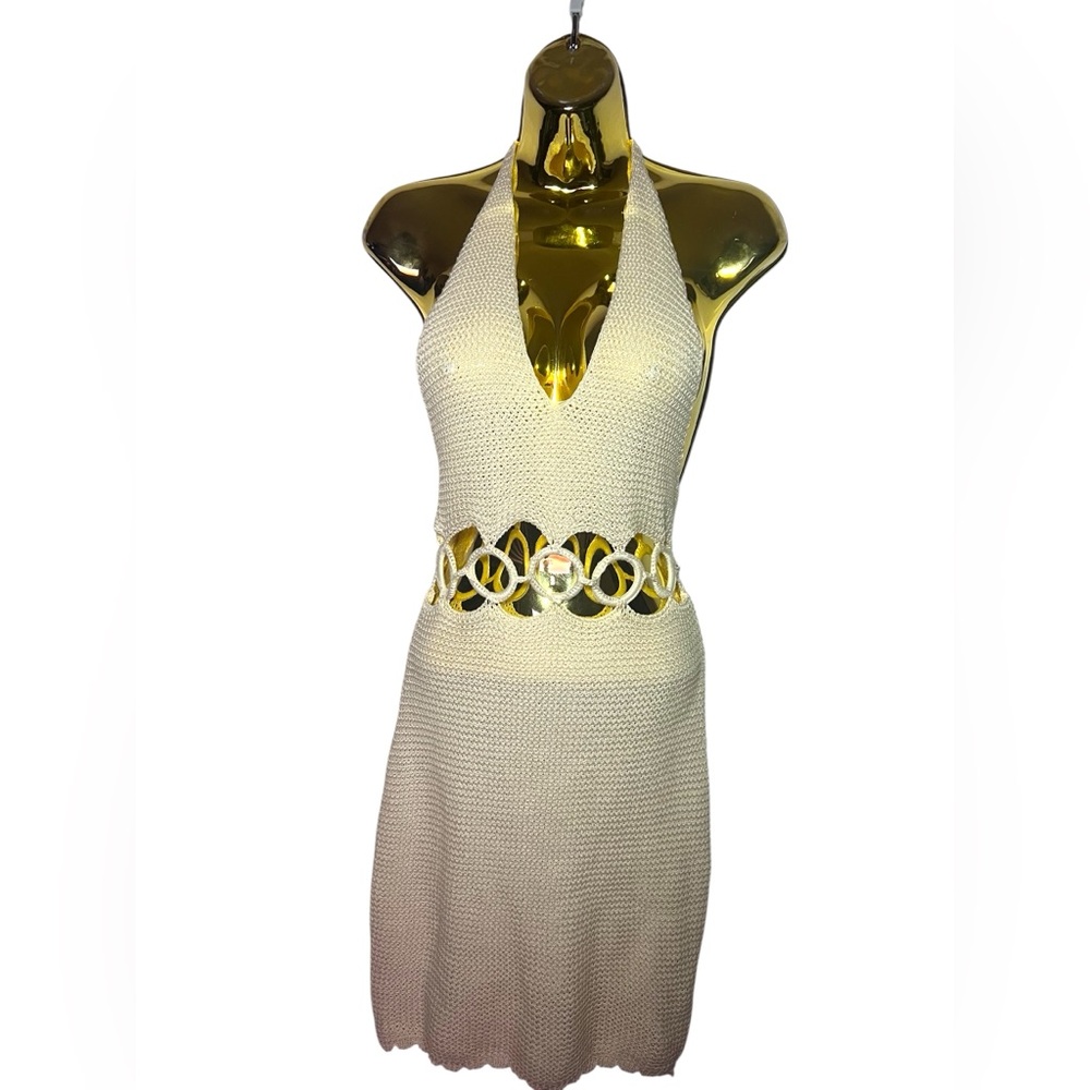 SHEIN Cream Backless  crochet Dress with geometric Accents